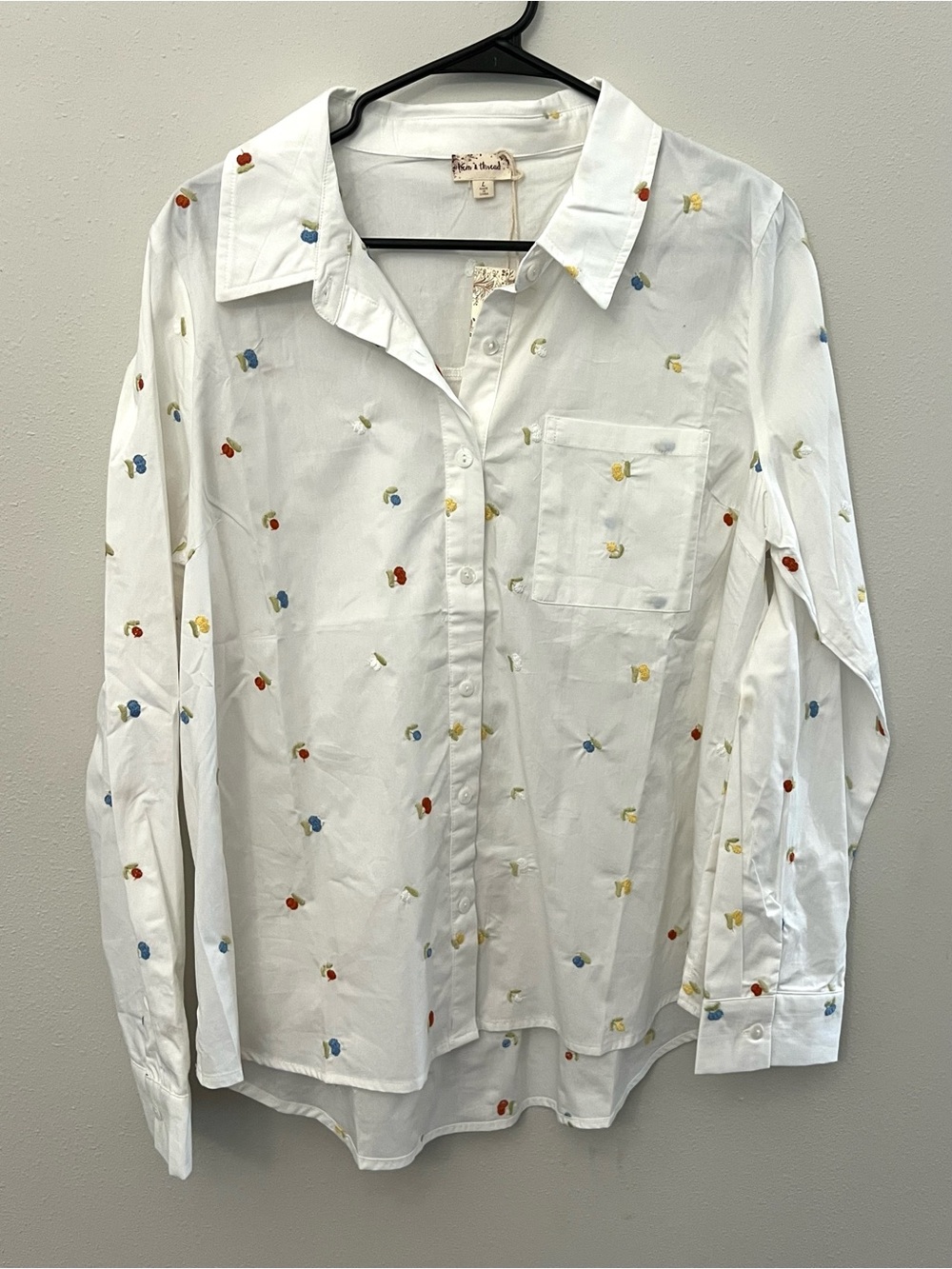 Hem and Thread white button down long sleeve blouse with floral embroider detail